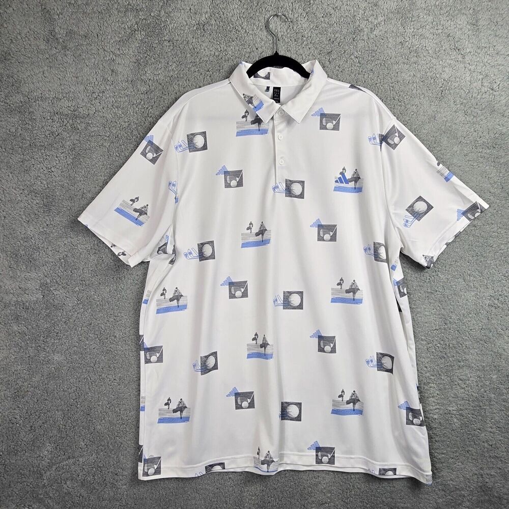 ADIDAS Mens Golf‎ Polo Shirt White Blue Fusion Gray XXL All Over Print 2XL